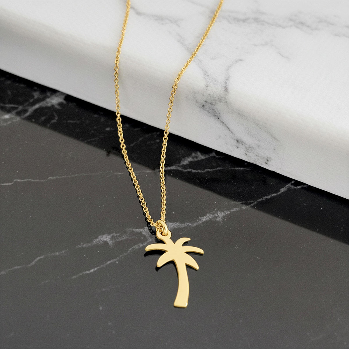 14K Solid Gold Palm Tree Necklace – Dainty Minimalist Charm, main product view