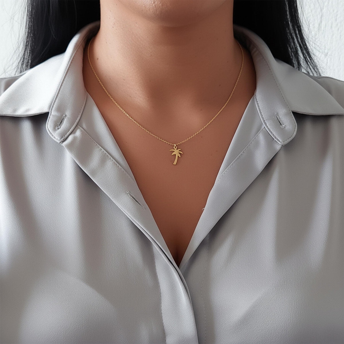 14K Solid Gold Palm Tree Necklace – Dainty Minimalist Charm, gallery view 2 of 6