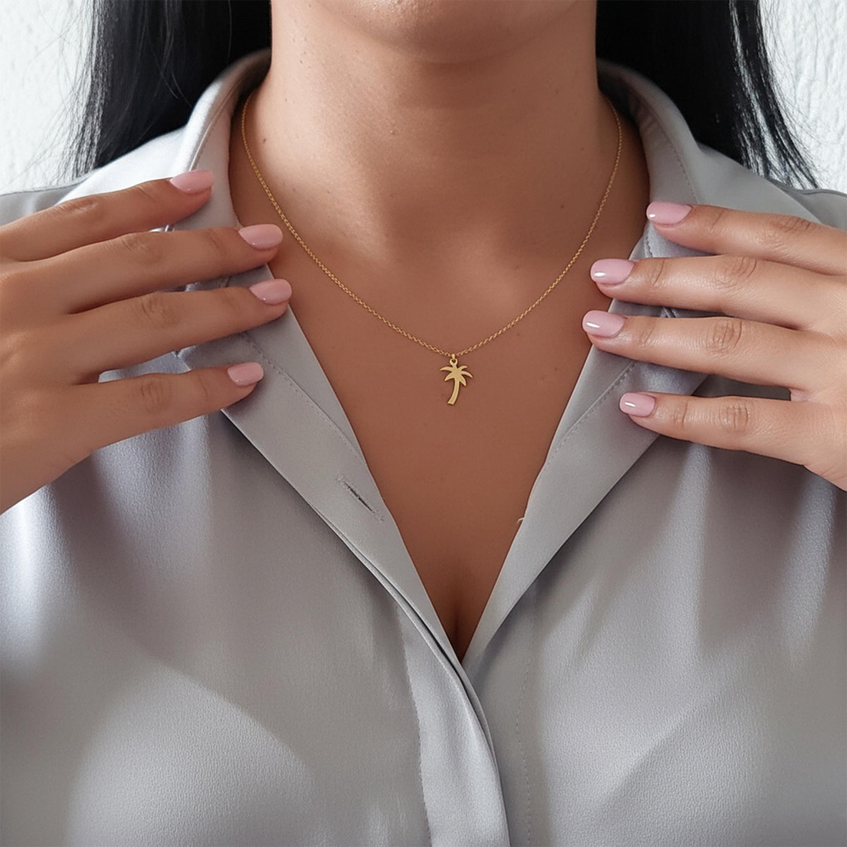 14K Solid Gold Palm Tree Necklace – Dainty Minimalist Charm, gallery view 4 of 6