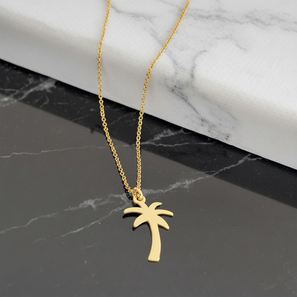 14K Solid Gold Palm Tree Necklace – Dainty Minimalist Charm, gallery view 5 of 6