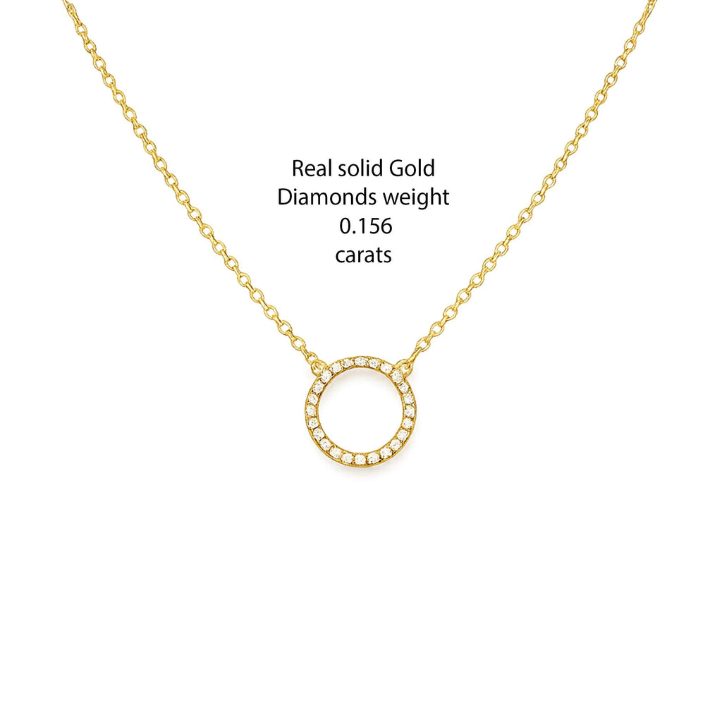 14K Solid Gold Pavé Diamond Circle Necklace – Dainty Halo Pendant, gallery view 3 of 9