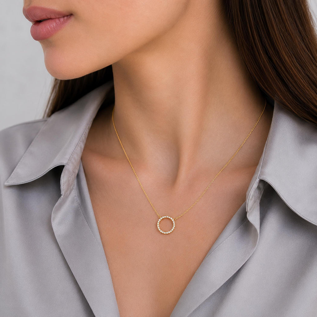14K Solid Gold Pavé Diamond Circle Necklace – Dainty Halo Pendant, gallery view 4 of 9
