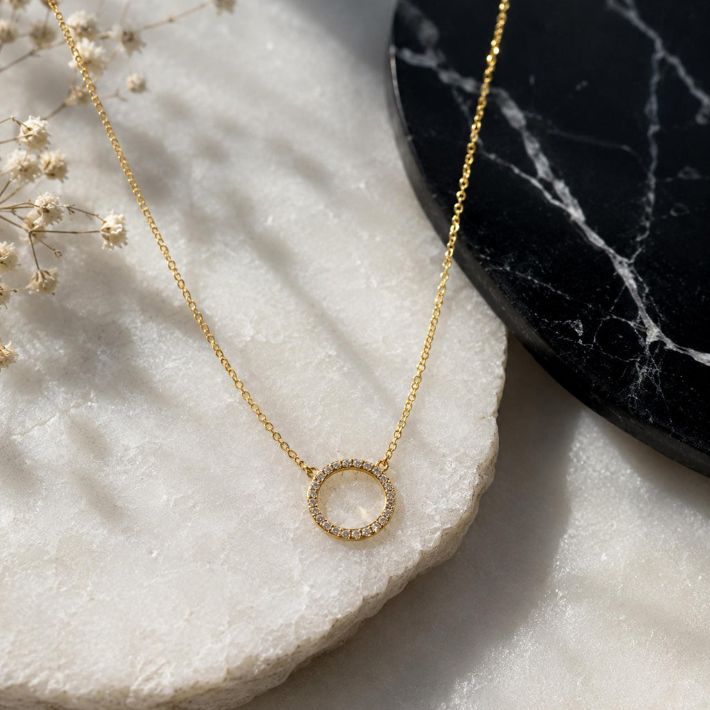14K Solid Gold Pavé Diamond Circle Necklace – Dainty Halo Pendant, gallery view 5 of 9
