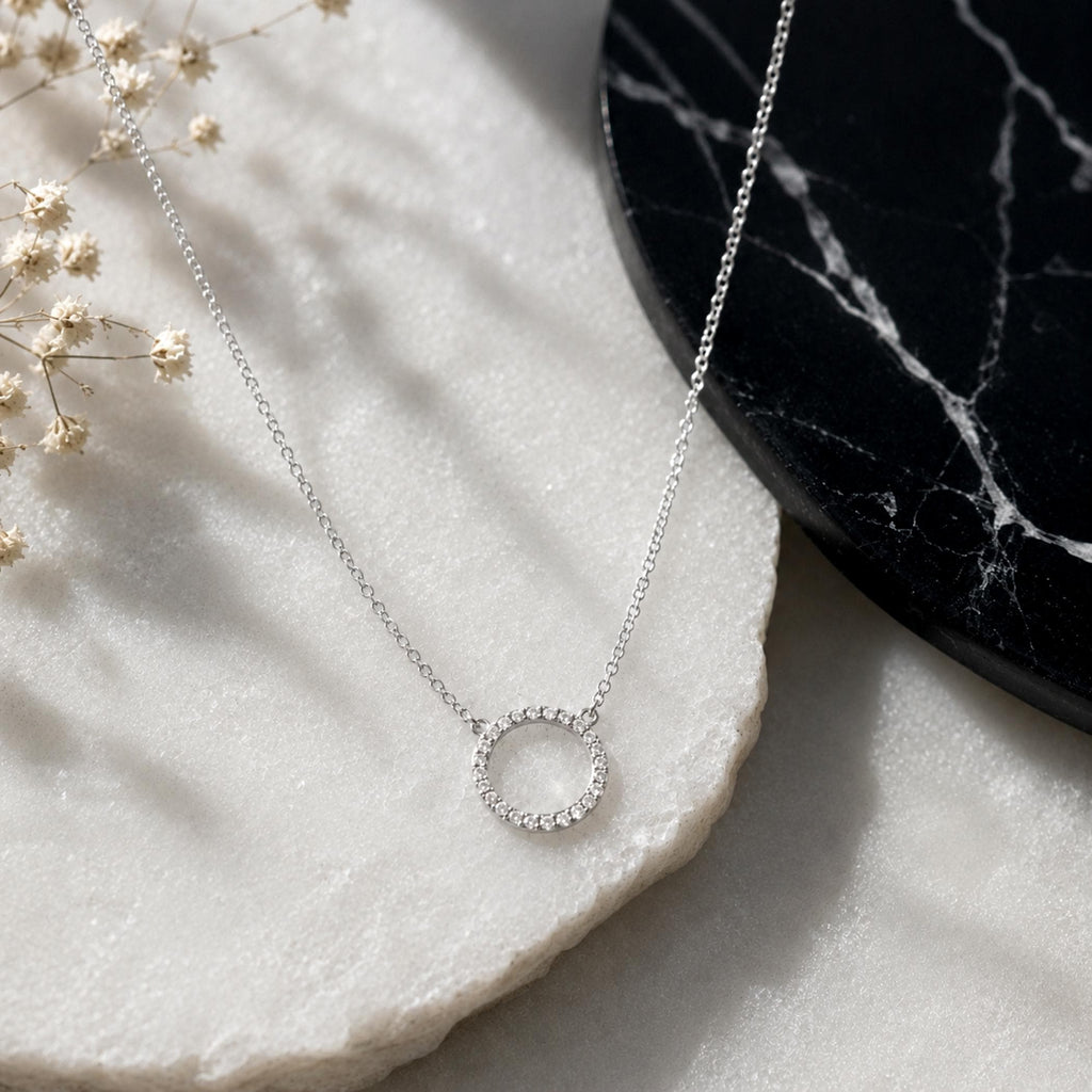 14K Solid Gold Pavé Diamond Circle Necklace – Dainty Halo Pendant, gallery view 7 of 9