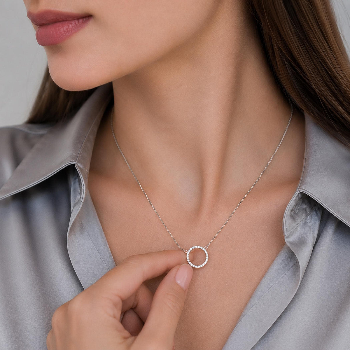14K Solid Gold Pavé Diamond Circle Necklace – Dainty Halo Pendant, gallery view 8 of 9