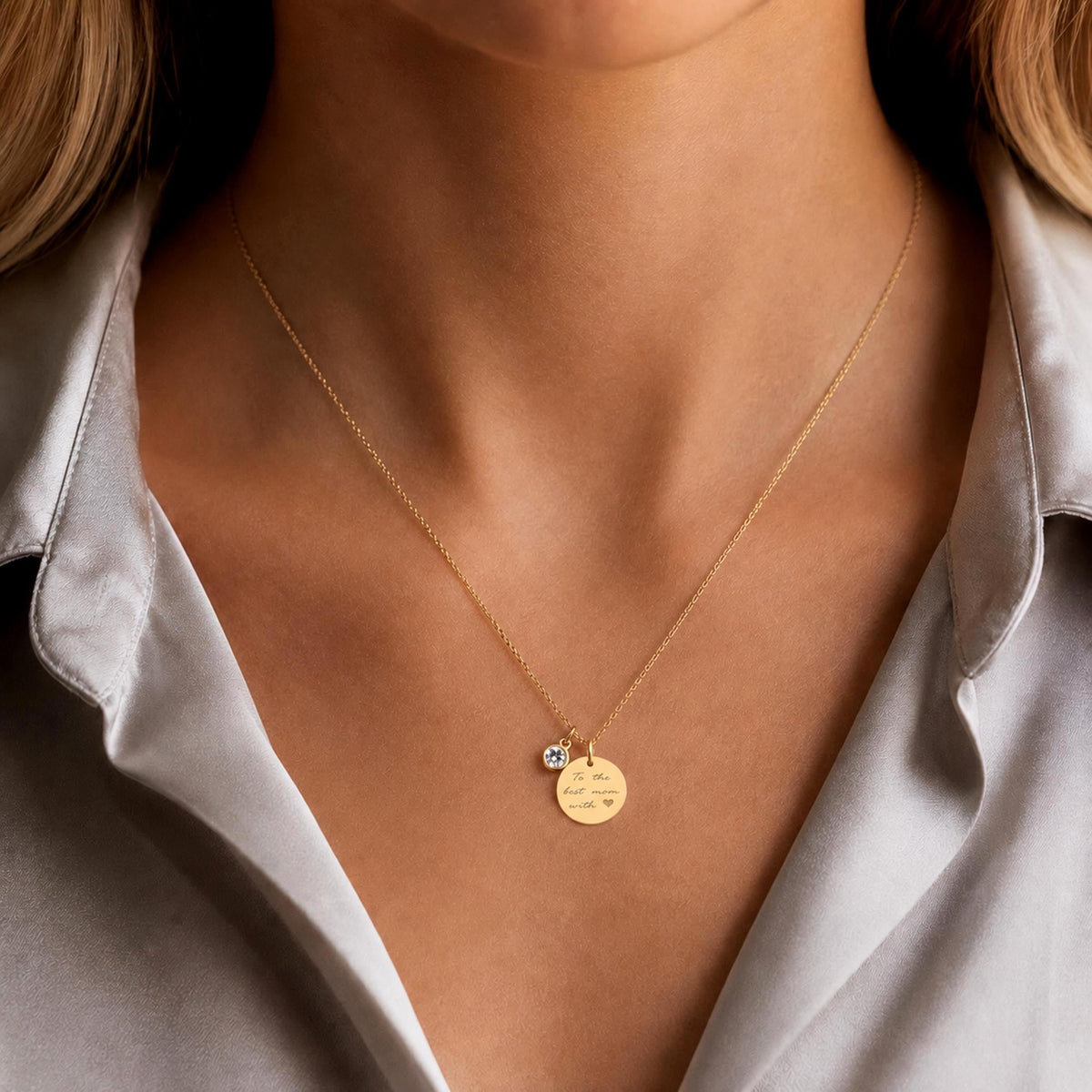 14K Solid Gold Personalized Diamond Disc Necklace, gallery view 2 of 10