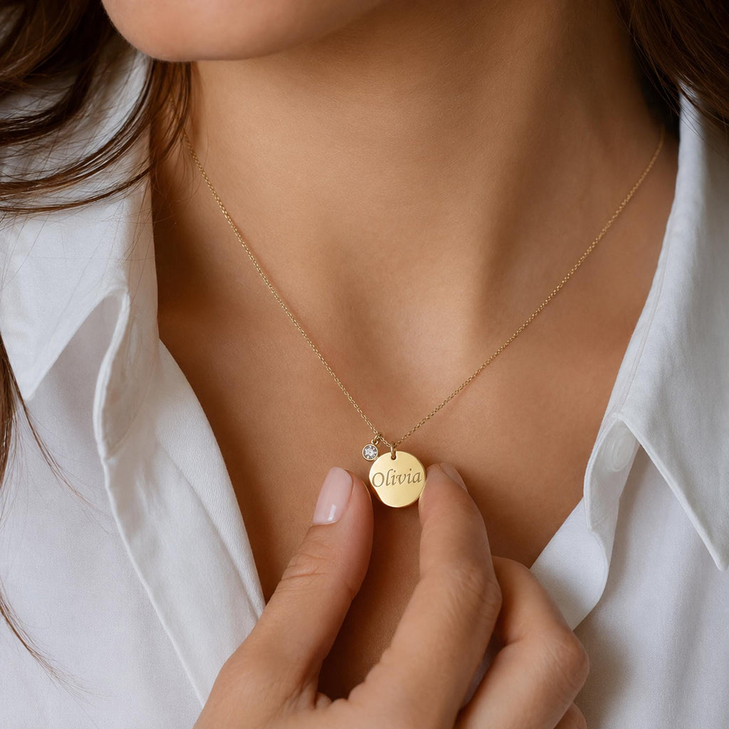 14K Solid Gold Personalized Diamond Disc Necklace, gallery view 4 of 10