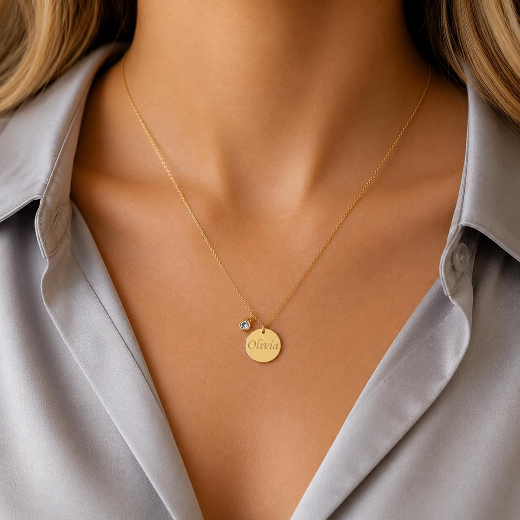 14K Solid Gold Personalized Diamond Disc Necklace, gallery view 9 of 10