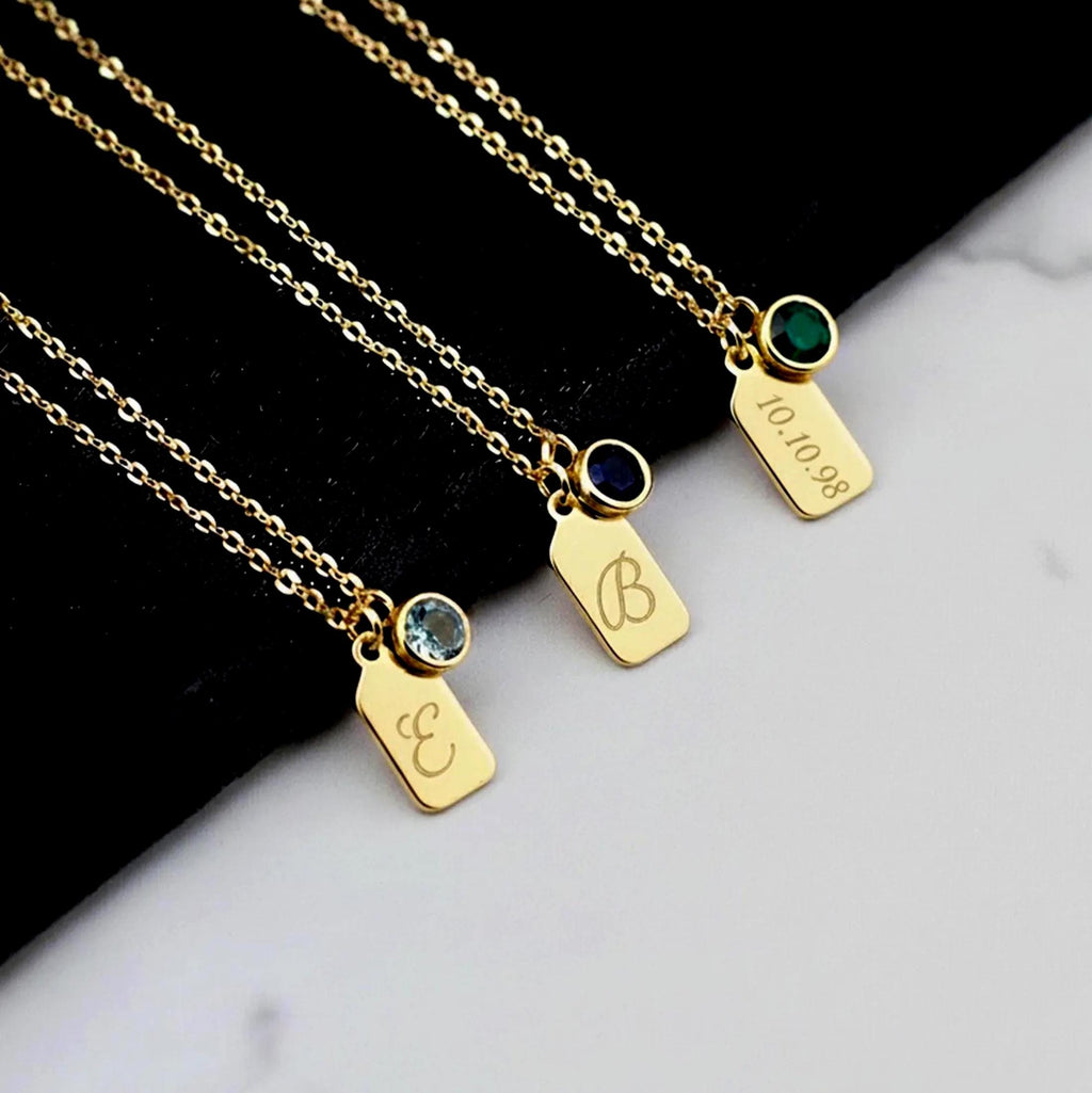 14K Solid Gold Personalized Name Tag Necklace with Birthstone, main product view