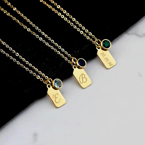 14K Solid Gold Personalized Name Tag Necklace with Birthstone, main product view