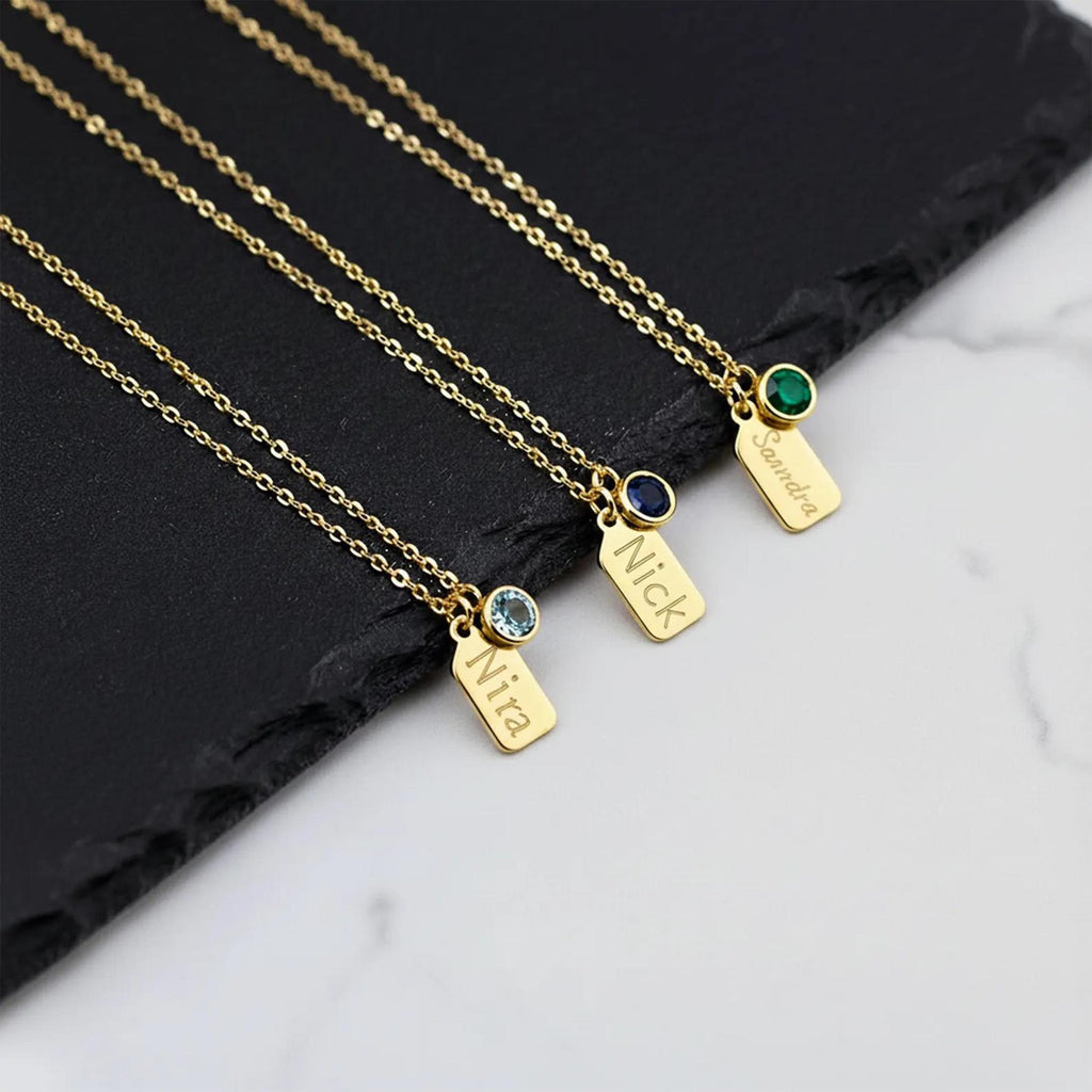 14K Solid Gold Personalized Name Tag Necklace with Birthstone, gallery view 3 of 10