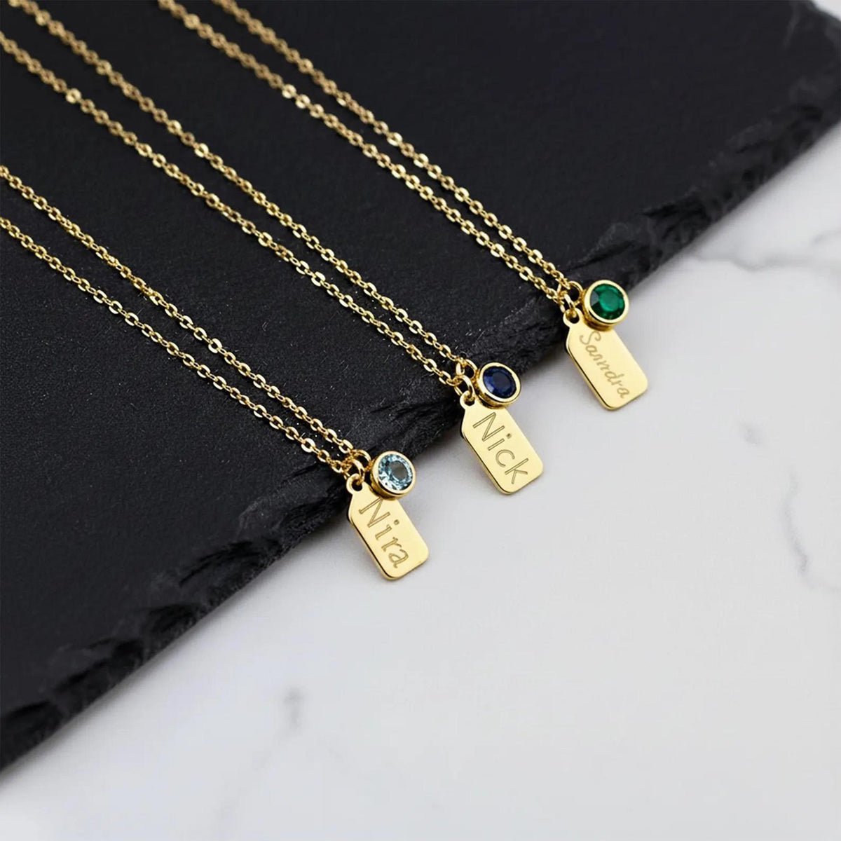 14K Solid Gold Personalized Name Tag Necklace with Birthstone, gallery view 3 of 10
