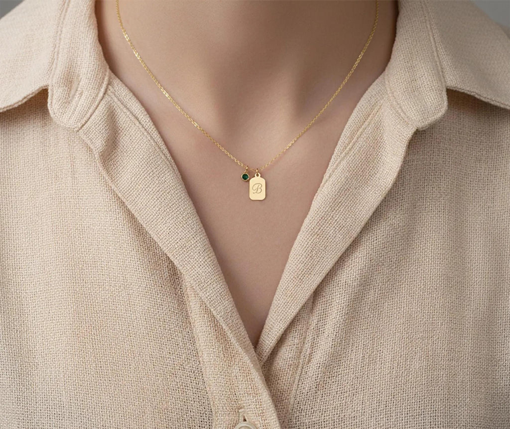 14K Solid Gold Personalized Name Tag Necklace with Birthstone, gallery view 4 of 10