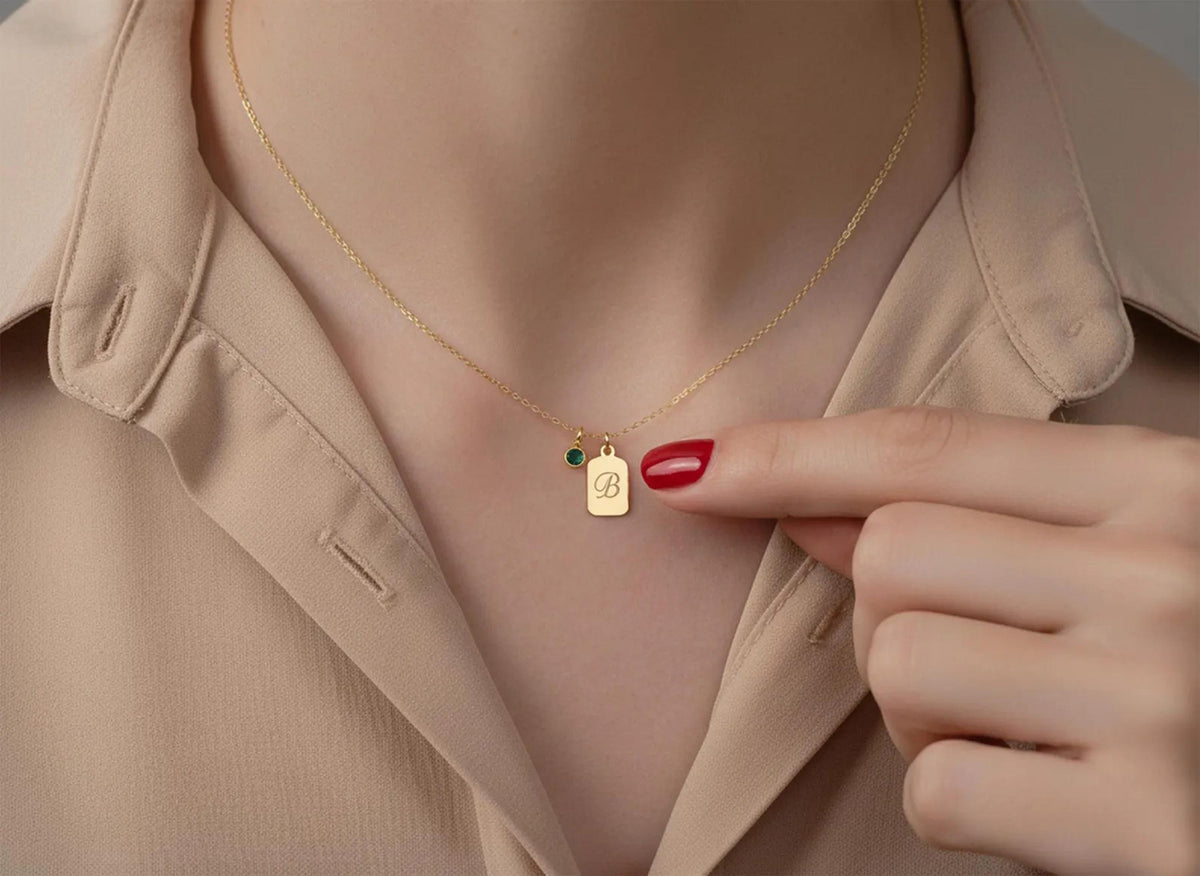 14K Solid Gold Personalized Name Tag Necklace with Birthstone, gallery view 8 of 10