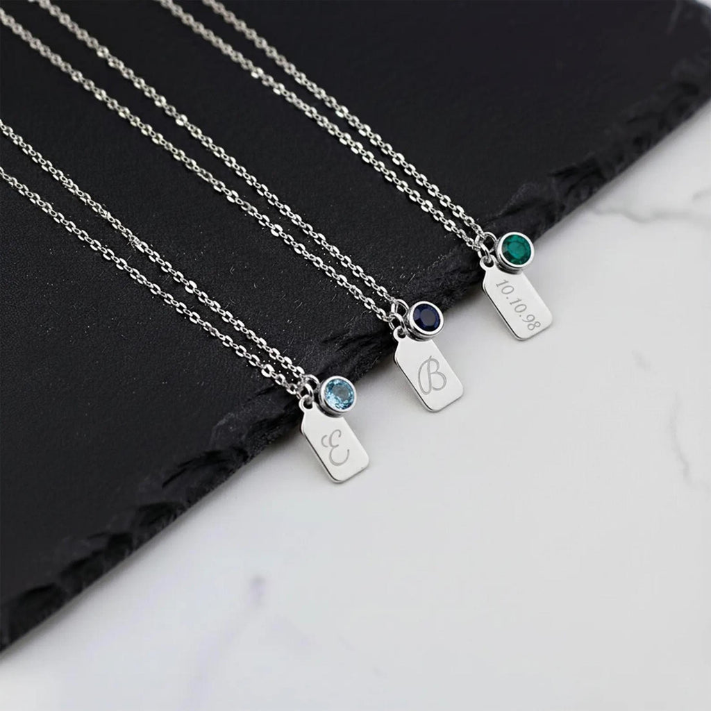 14K Solid Gold Personalized Name Tag Necklace with Birthstone, gallery view 9 of 10