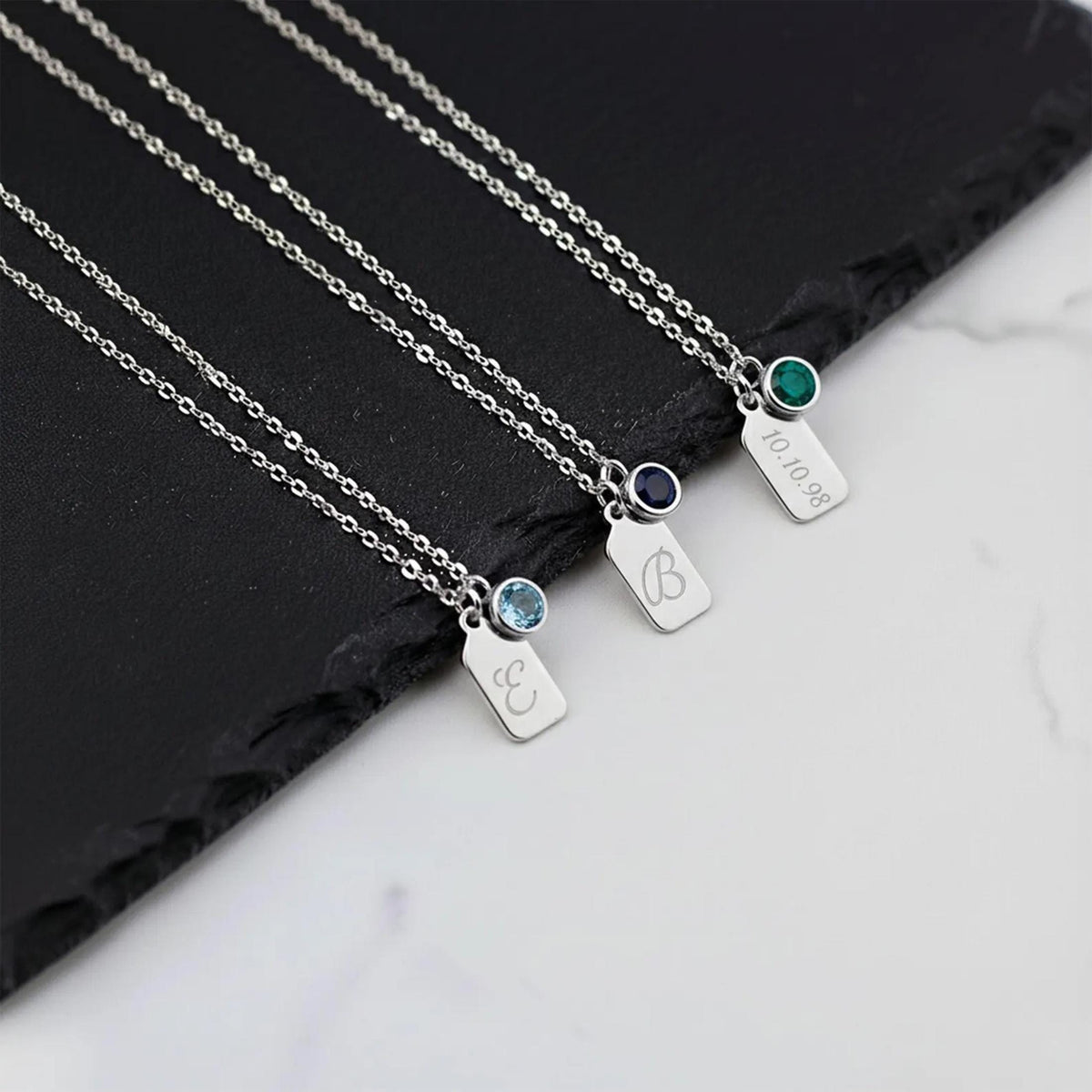 14K Solid Gold Personalized Name Tag Necklace with Birthstone, gallery view 9 of 10