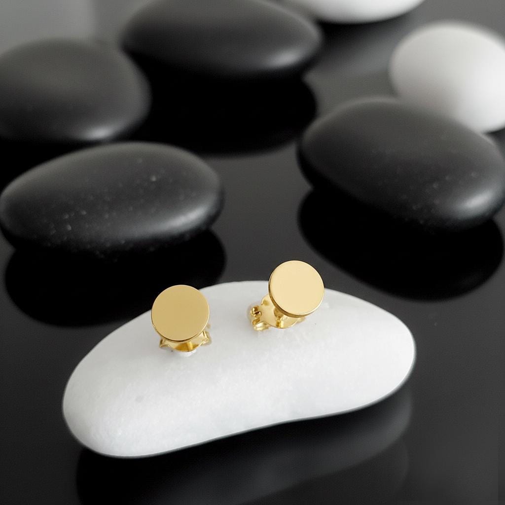 14K Solid Gold Personalized Round Disc Stud Earrings, gallery view 7 of 7