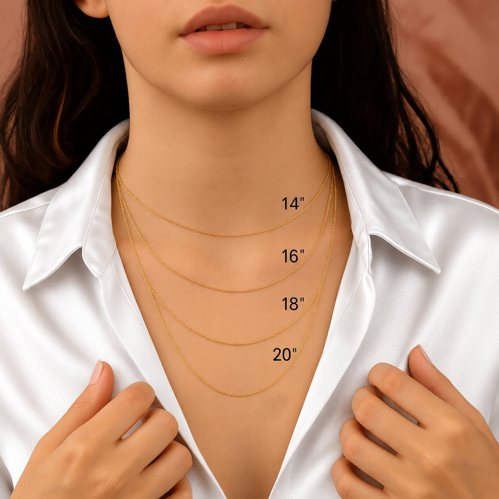 Necklace length guide on woman wearing white satin shirt