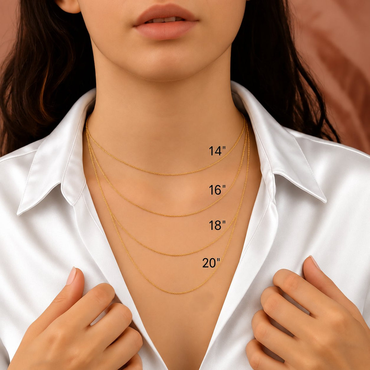 Necklace length guide on woman wearing white satin shirt