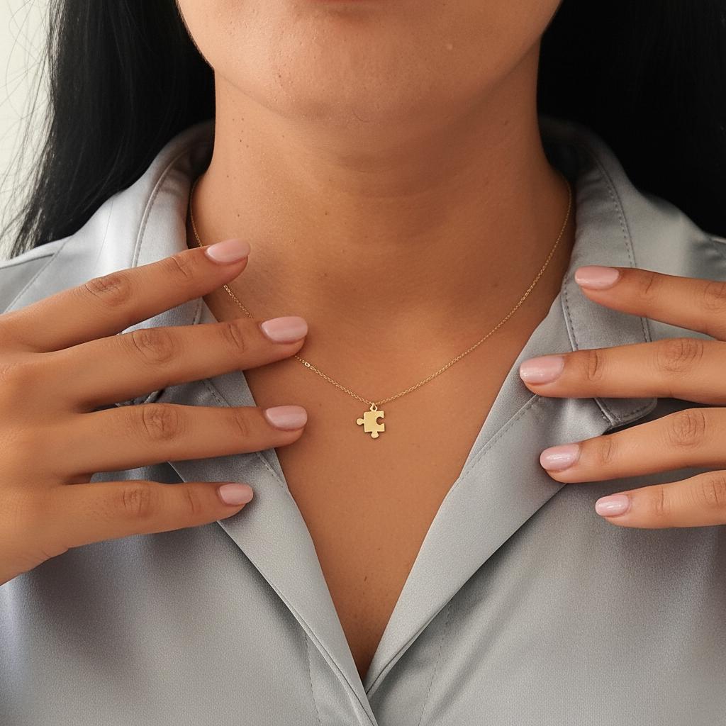 14K Solid Gold Puzzle Piece Necklace – Dainty Layering Chain Pendant, gallery view 2 of 7