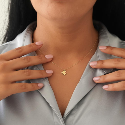14K Solid Gold Puzzle Piece Necklace – Dainty Layering Chain Pendant, gallery view 2 of 7