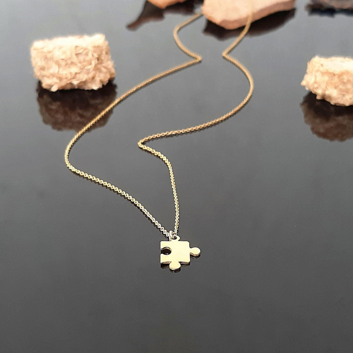 14K Solid Gold Puzzle Piece Necklace – Dainty Layering Chain Pendant, gallery view 3 of 7