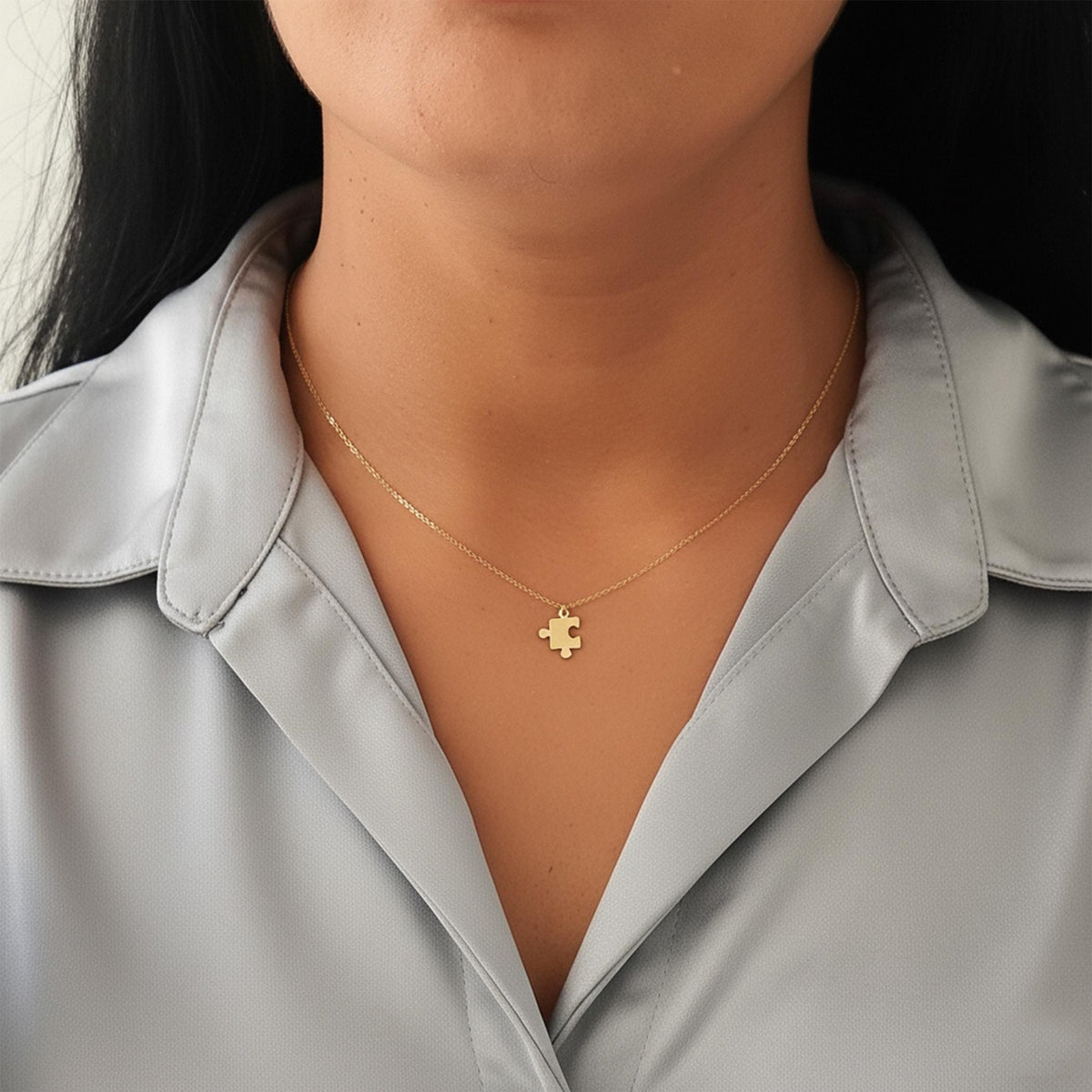 14K Solid Gold Puzzle Piece Necklace – Dainty Layering Chain Pendant, gallery view 4 of 7