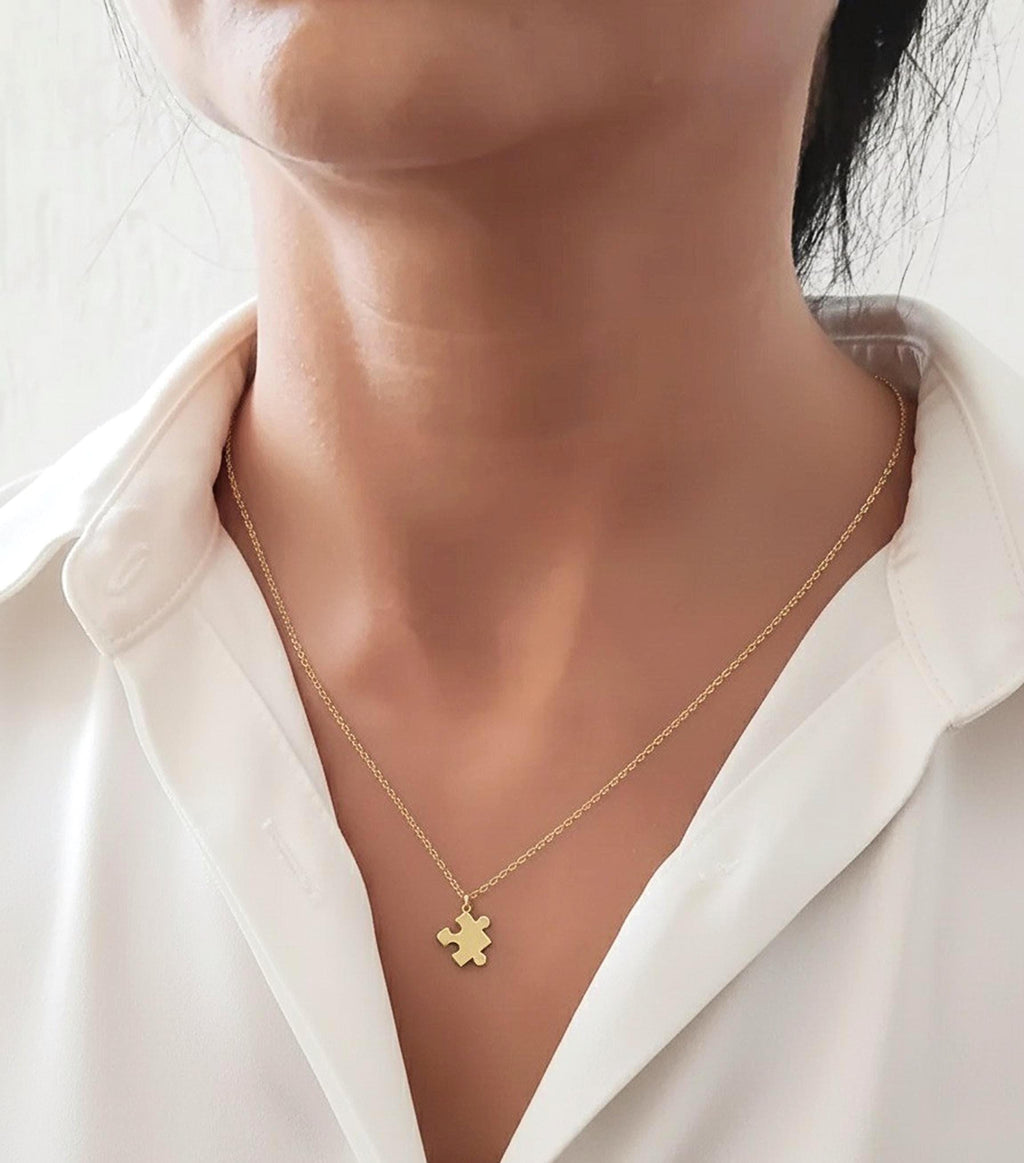 14K Solid Gold Puzzle Piece Necklace – Layering Chain Charm Pendant, main product view