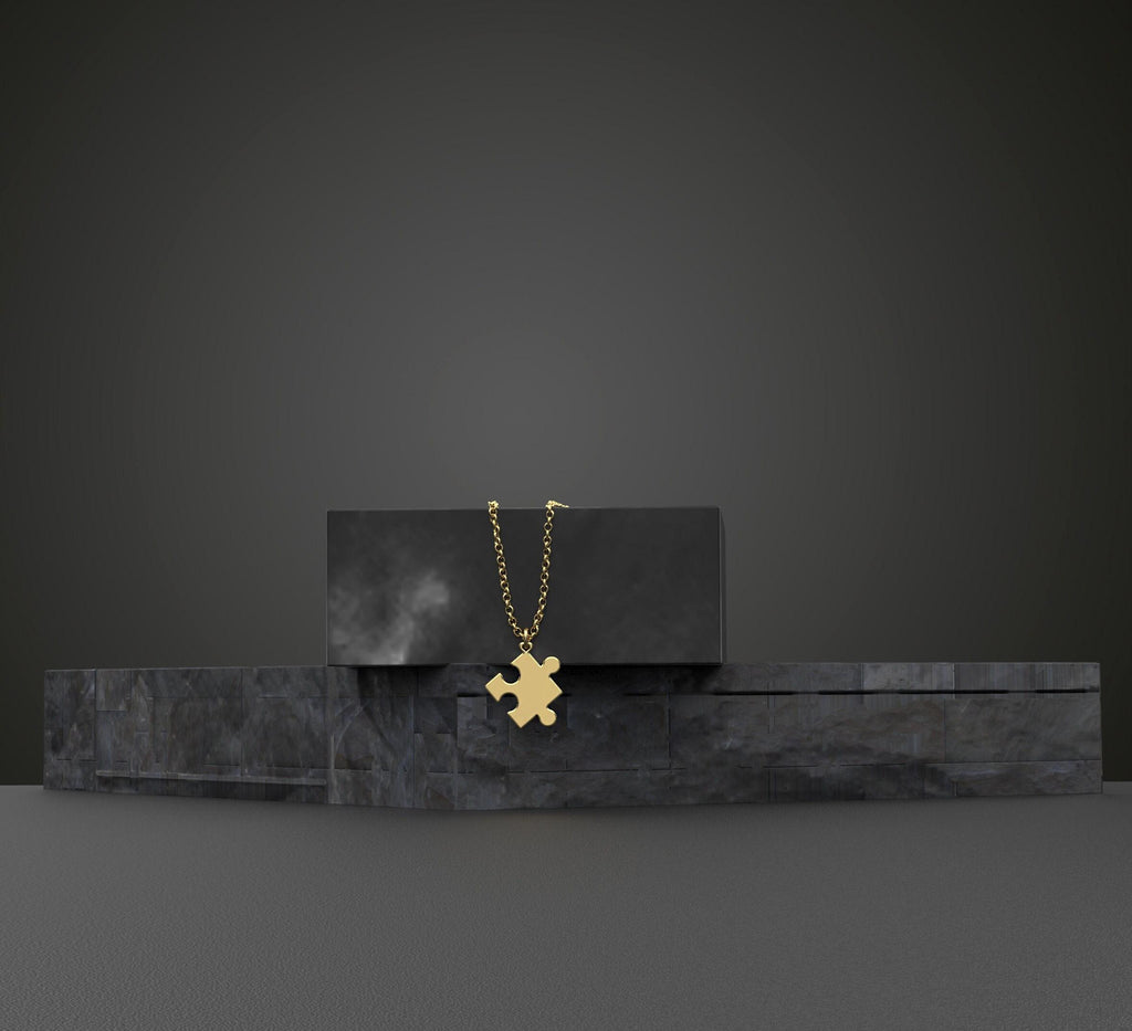 14K Solid Gold Puzzle Piece Necklace – Layering Chain Charm Pendant, gallery view 2 of 7