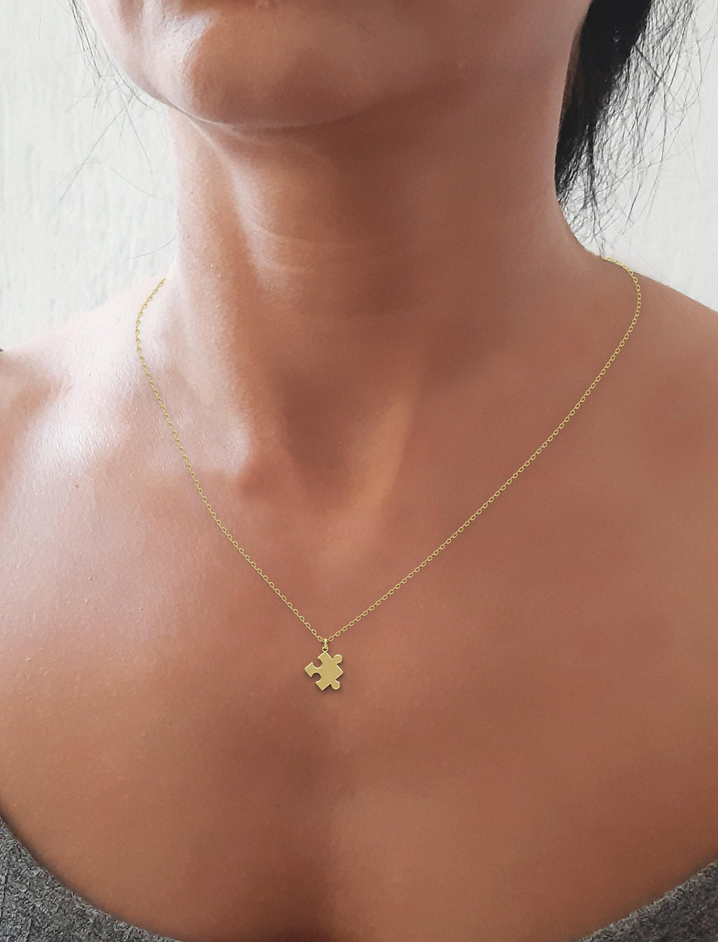 14K Solid Gold Puzzle Piece Necklace – Layering Chain Charm Pendant, gallery view 3 of 7