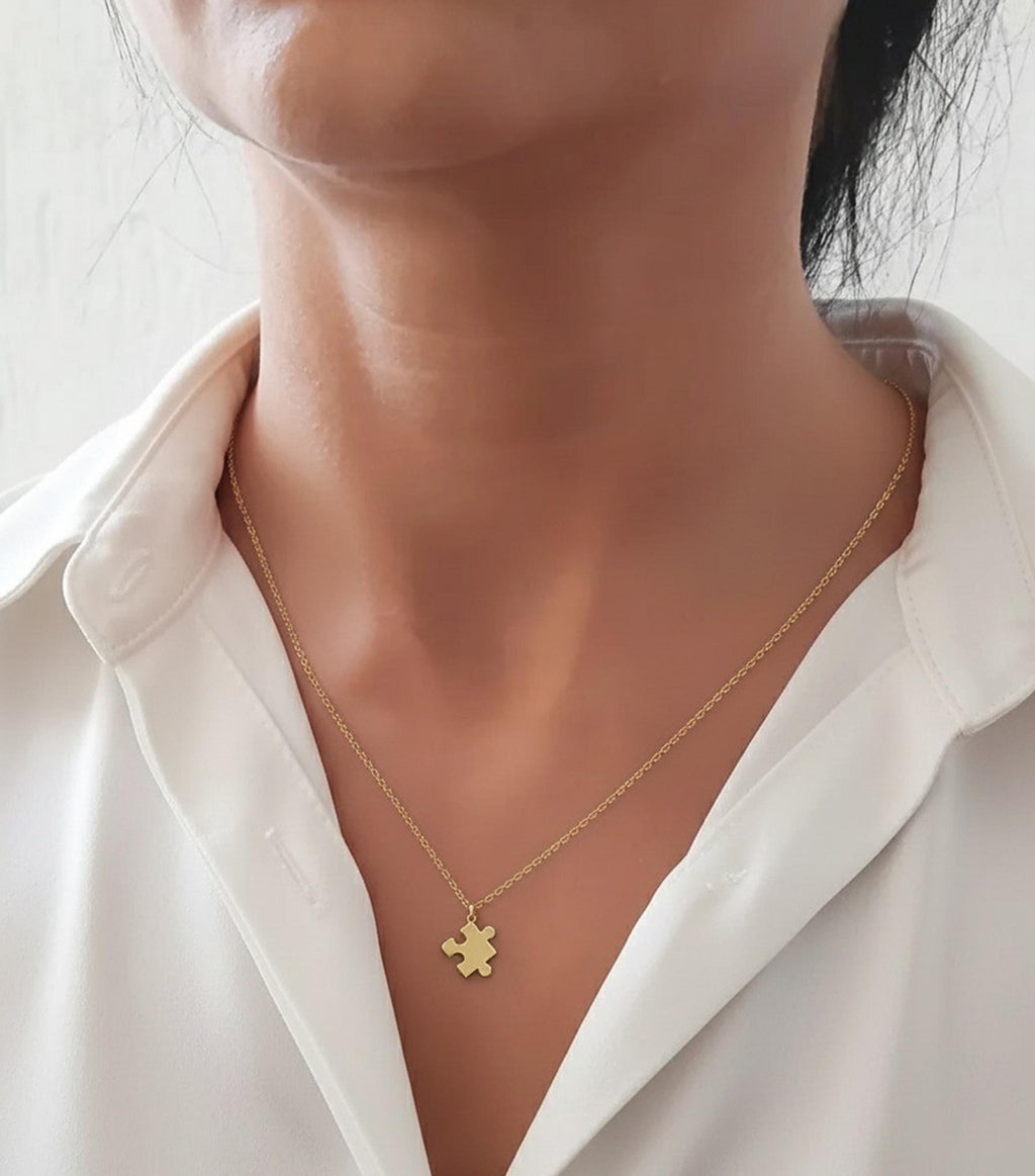 14K Solid Gold Puzzle Piece Necklace – Layering Chain Charm Pendant, gallery view 6 of 7