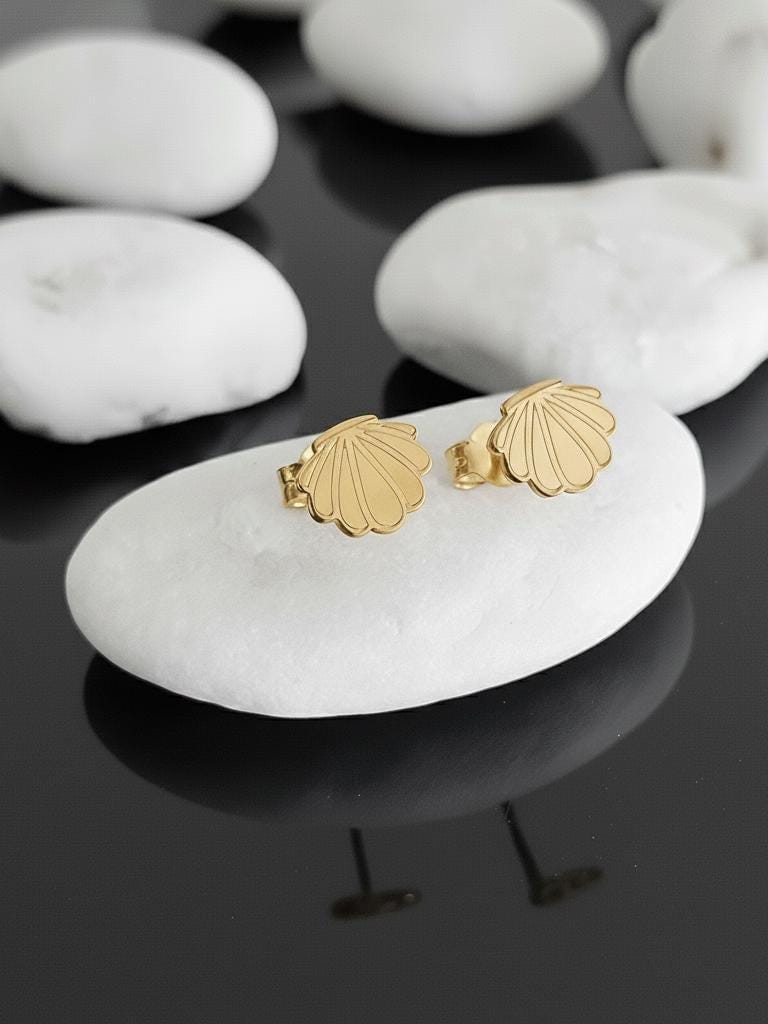 14K Solid Gold Seashell Stud Earrings, main product view