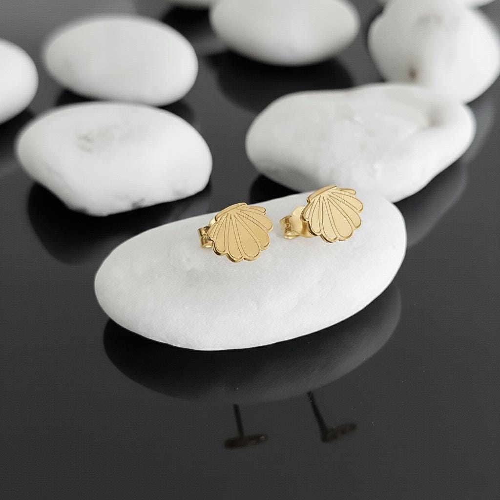 14K Solid Gold Seashell Stud Earrings, gallery view 3 of 5