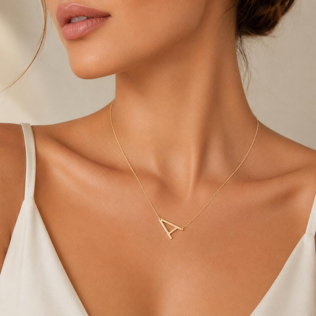 14K Solid Gold Sideways Letter Necklace – Personalized Initial, main product view