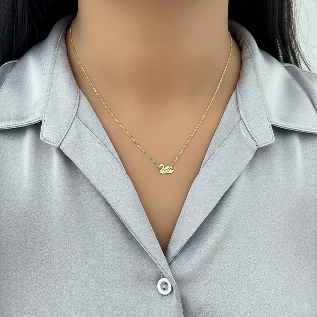14K Solid Gold Swan Necklace – Dainty Yellow Gold Bird Pendant, gallery view 2 of 7