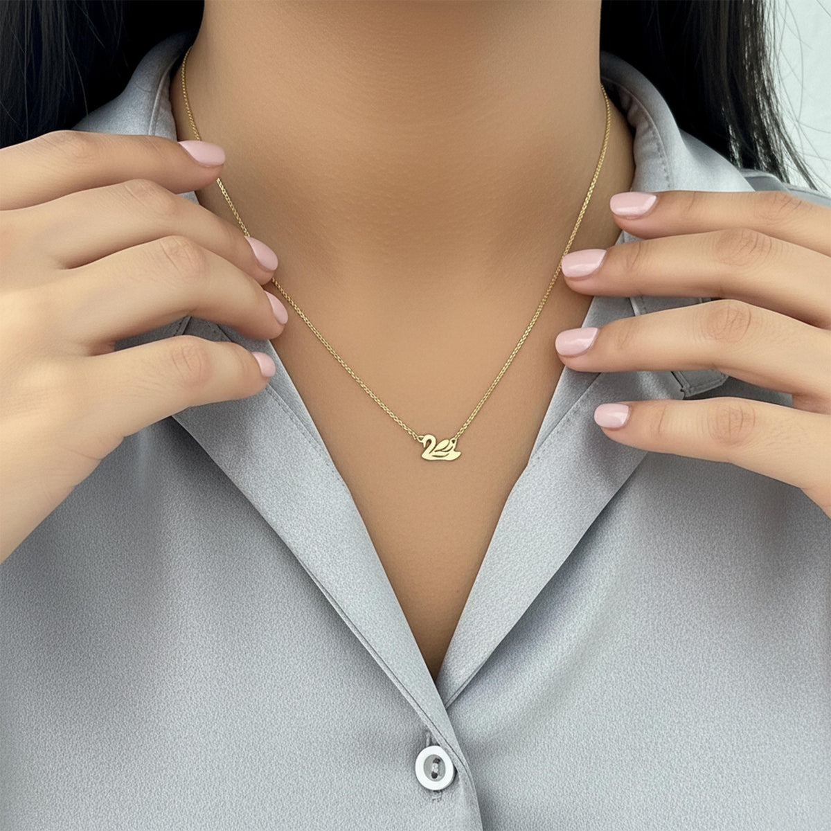 14K Solid Gold Swan Necklace – Dainty Yellow Gold Bird Pendant, gallery view 4 of 7