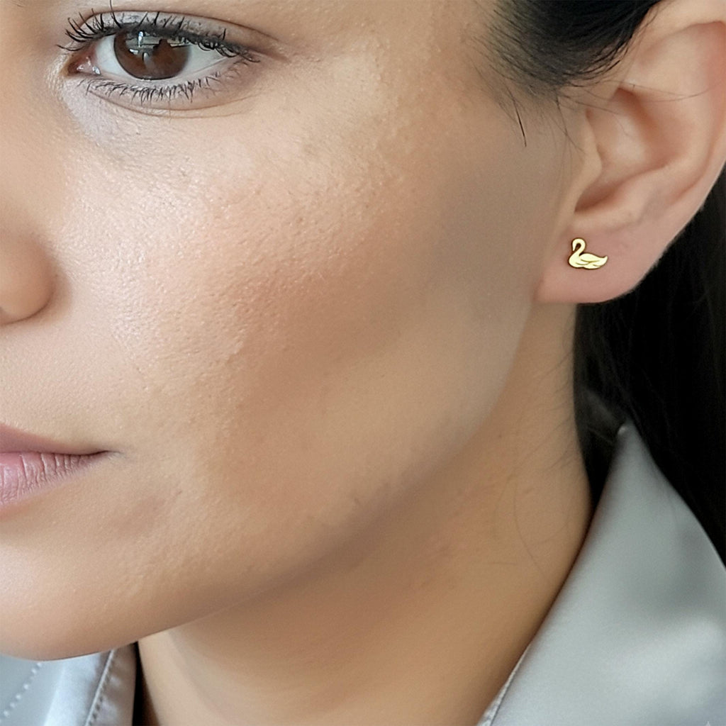 14K Solid Gold Swan Stud Earrings, gallery view 2 of 8