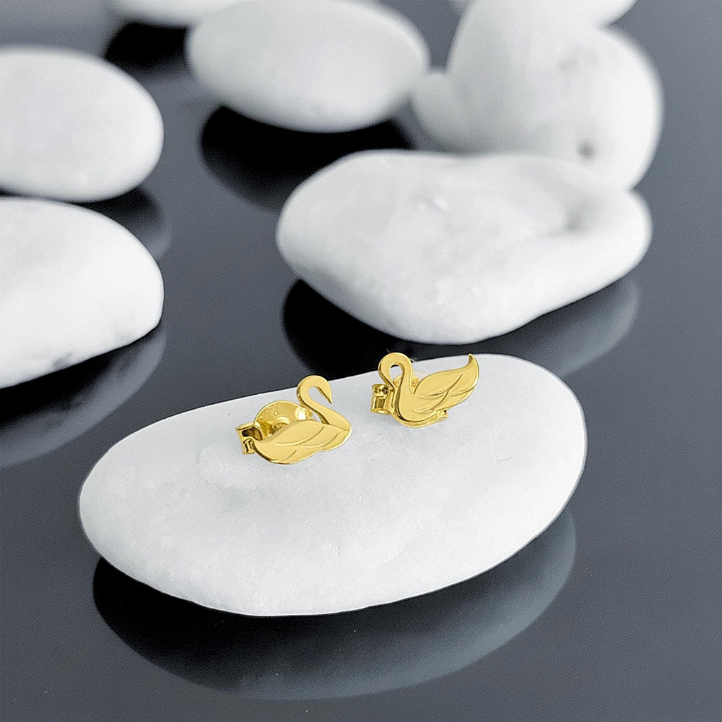 14K Solid Gold Swan Stud Earrings, gallery view 3 of 8