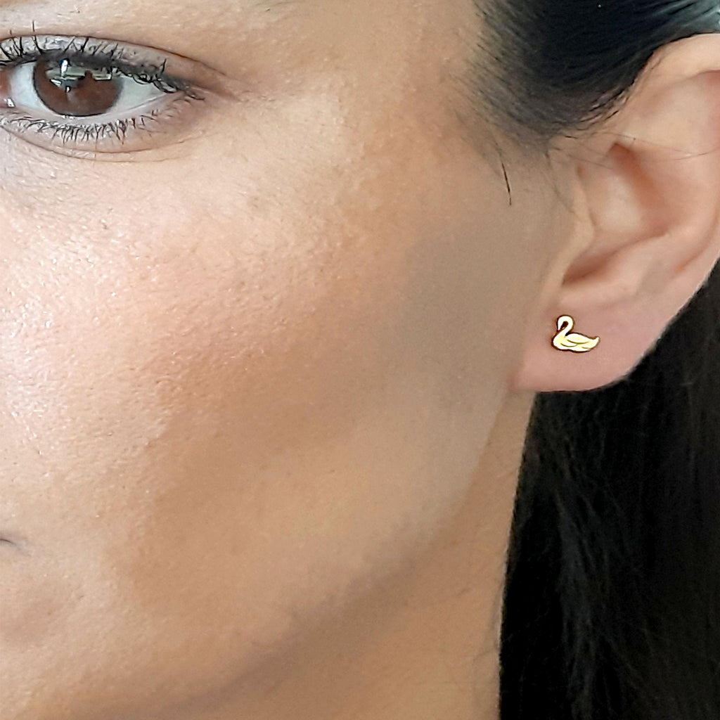 14K Solid Gold Swan Stud Earrings, gallery view 4 of 8