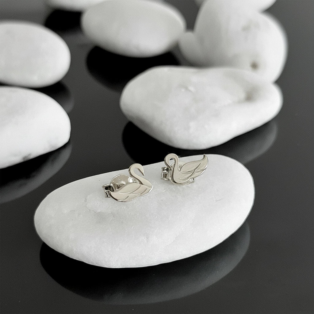 14K Solid Gold Swan Stud Earrings, gallery view 5 of 8