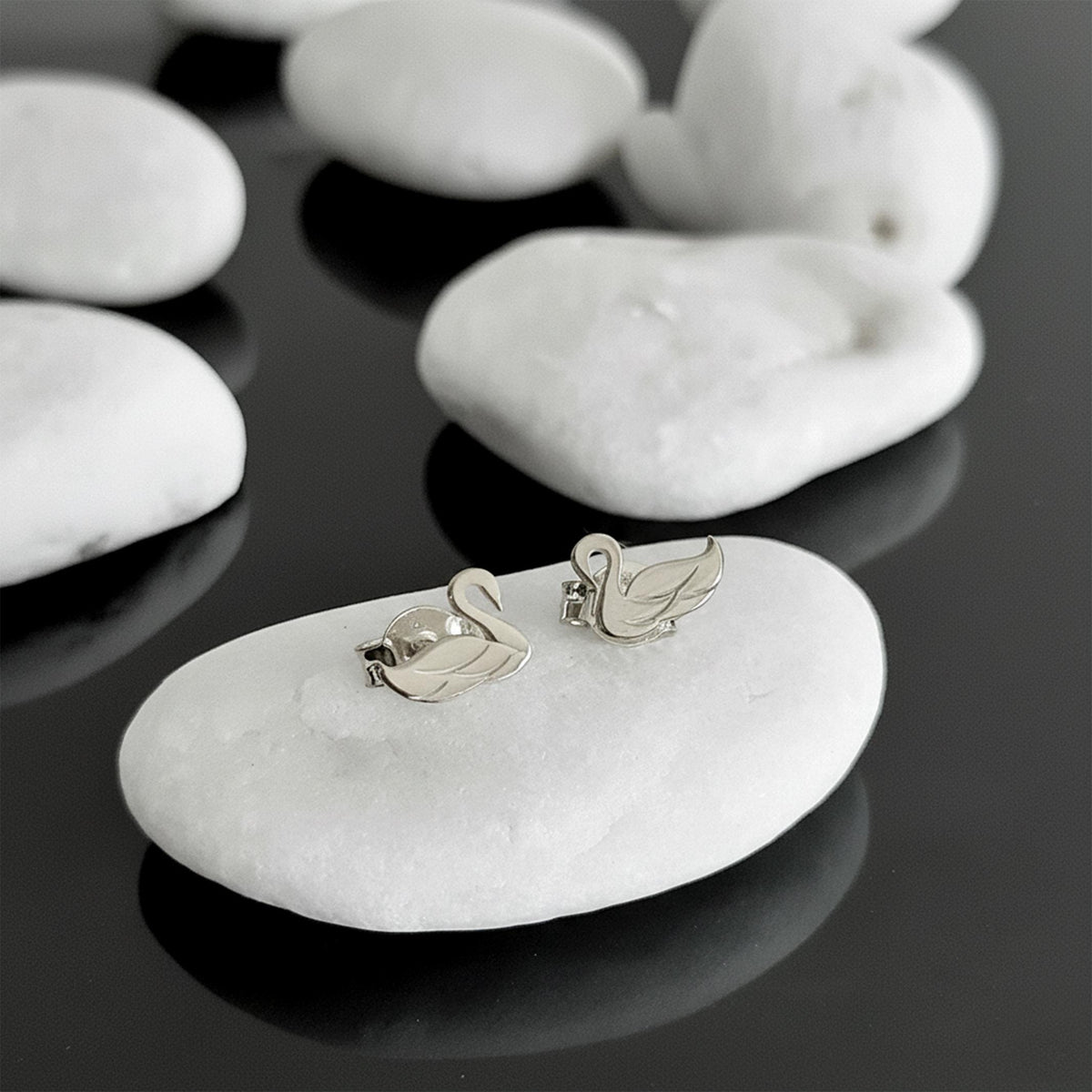 14K Solid Gold Swan Stud Earrings, gallery view 5 of 8