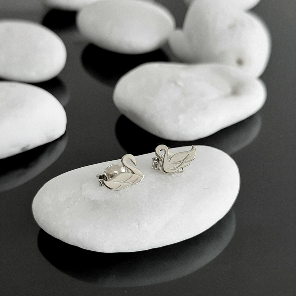14K Solid Gold Swan Stud Earrings, gallery view 7 of 8