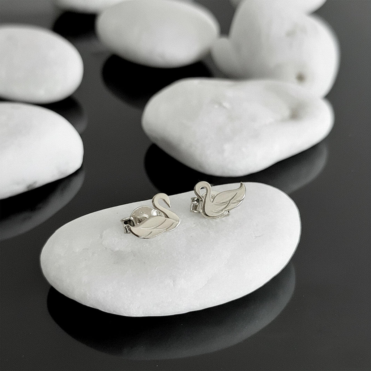 14K Solid Gold Swan Stud Earrings, gallery view 7 of 8