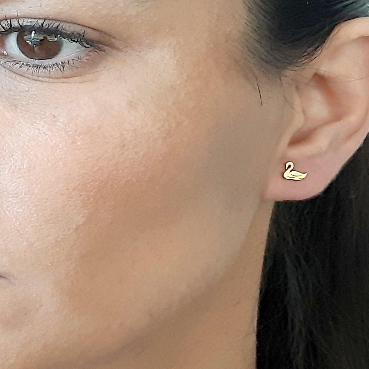 14K Solid Gold Swan Stud Earrings, gallery view 8 of 8