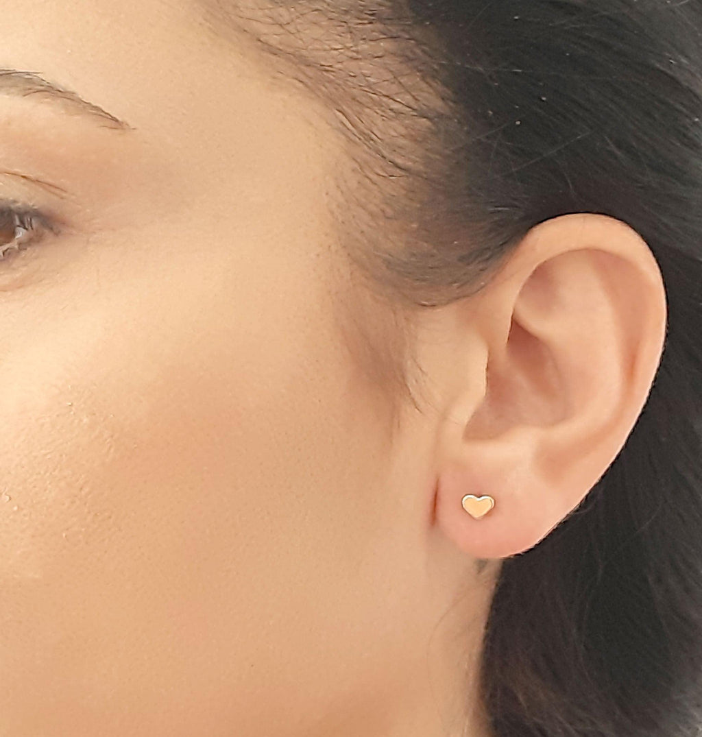 14K Solid Gold Tiny Heart Stud Earrings, gallery view 6 of 8