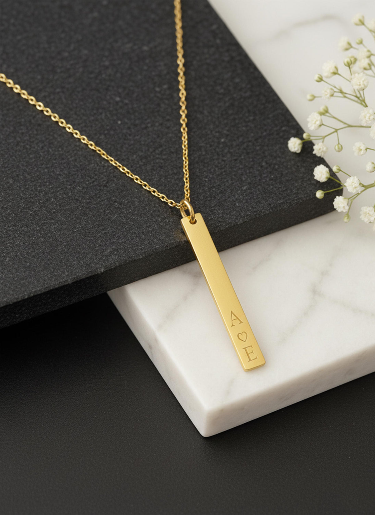 14K Solid Gold Vertical Bar Necklace – Personalized Names, gallery view 3 of 10