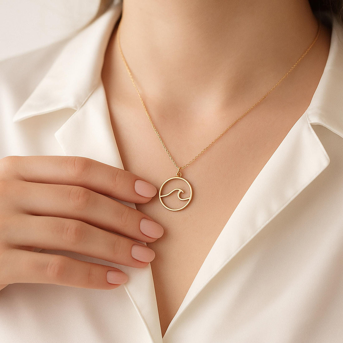 14K Solid Gold Wave Necklace – Dainty Ocean Current Charm, main product view
