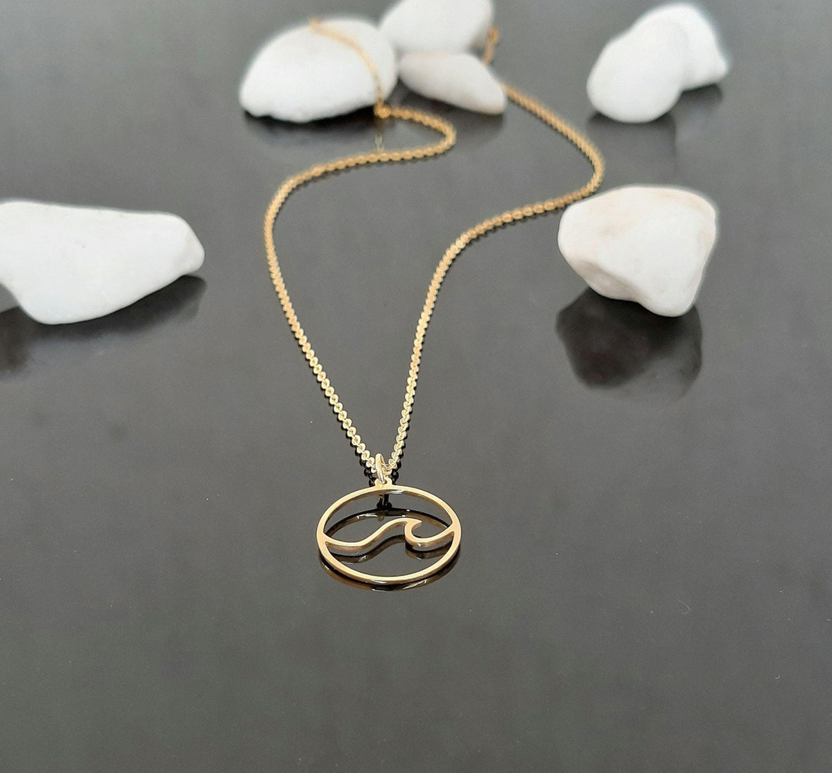 14K Solid Gold Wave Necklace – Dainty Ocean Current Charm, gallery view 3 of 7