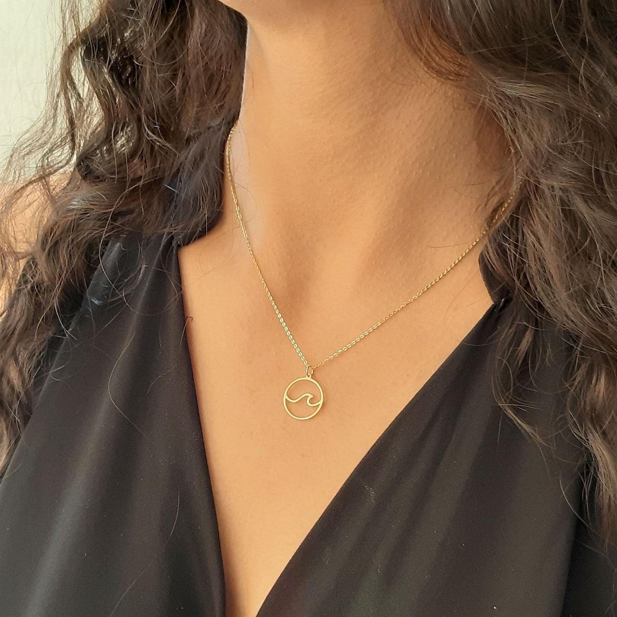 14K Solid Gold Wave Necklace – Dainty Ocean Current Charm, gallery view 5 of 7