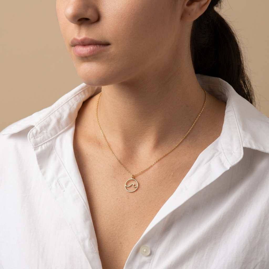 14K solid gold wave necklace, additional view